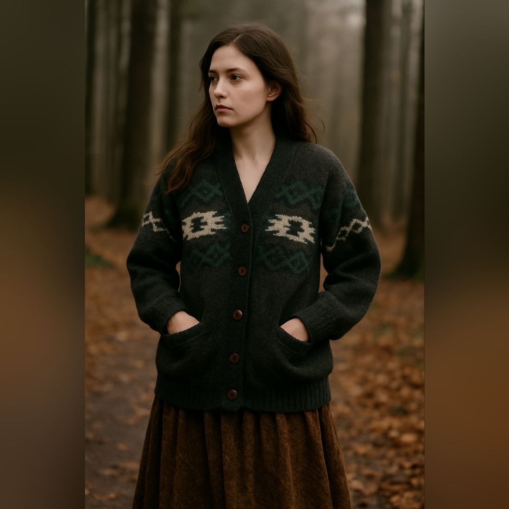 Tejidos Rumiñahui Vtg Wool Cardigan Charcoal Forest Green Southwest Knit Unisex